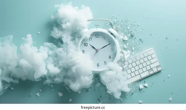 Smoke-Filled Office: Keyboard and Clock Under Pressure