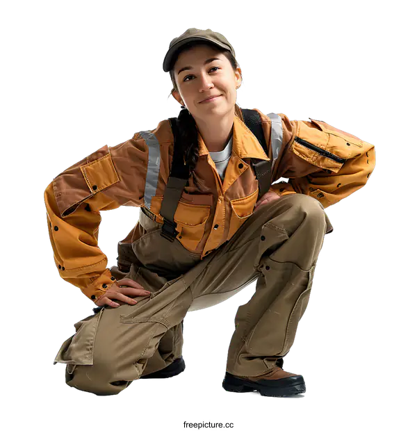 [Transparent Background PNG]Female worker kneeling in workwear