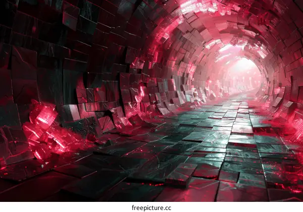 Glowing Red Crystals in Sci-Fi Tunnel
