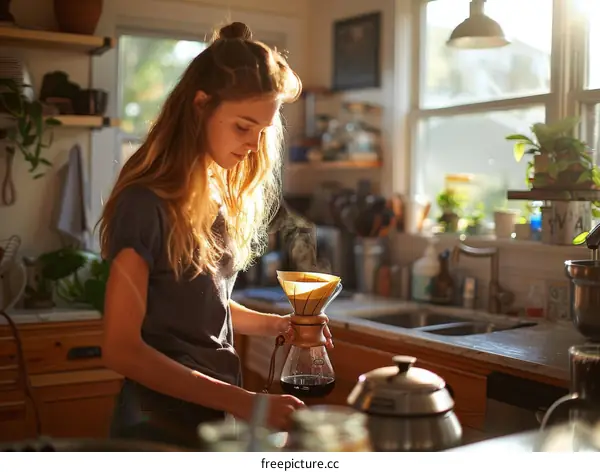 Young woman making pour-over coffee in a bright kitchen