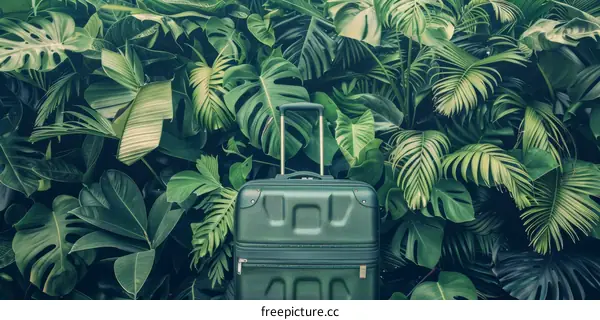 Green Suitcase and Lush Tropical Foliage