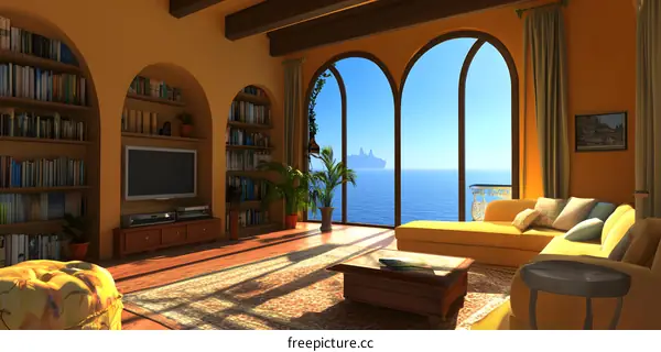 Modern Living Room With Sea View and Large Bookshelves