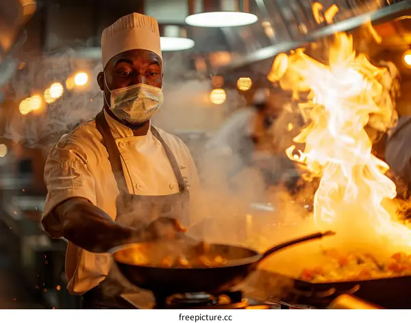 Black Chef Cooking With Fire In Kitchen