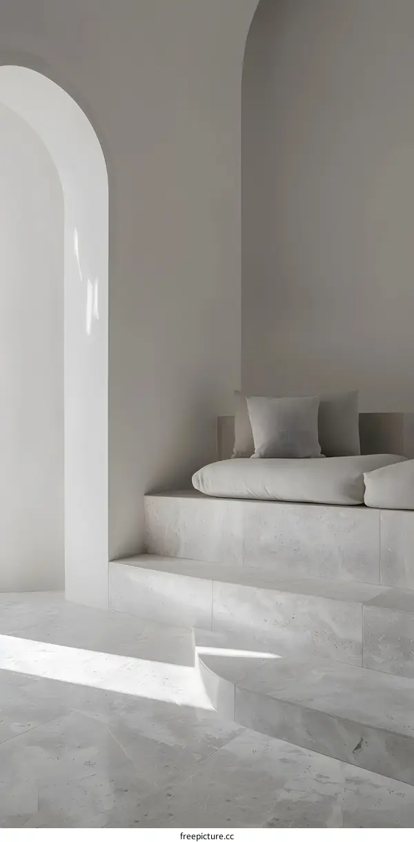 Modern Minimalist White Interior Design with Arch and Stone Bench