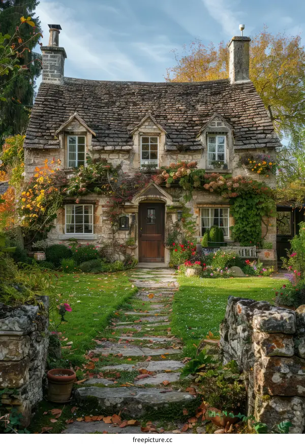 A charming stone cottage with a beautiful garden