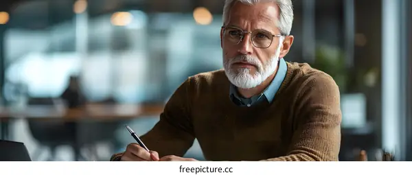 Senior Man with White Beard Sitting in Cafe Writing in Notebook