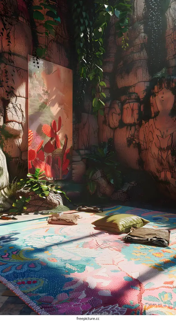 Stone Wall Room with Hanging Plants and Rug