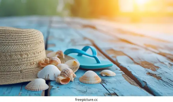 Beach accessories on wooden background with copy space