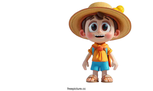 [Transparent Background PNG]Cartoon Boy Wearing Straw Hat and Smiling