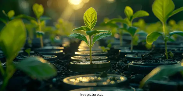 Green Shoots of New Plants Growing in Soil Towards the Sunlight