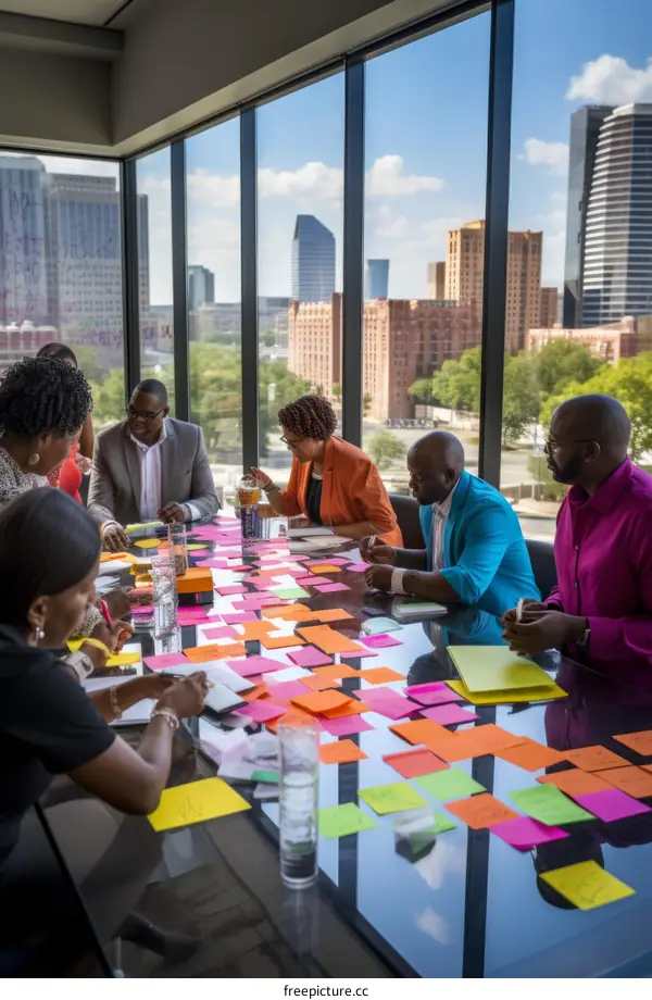 A group of people brainstorming ideas in a modern office