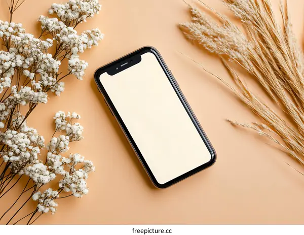 Blank Screen Smartphone with Flowers and Grass on Light Brown Background