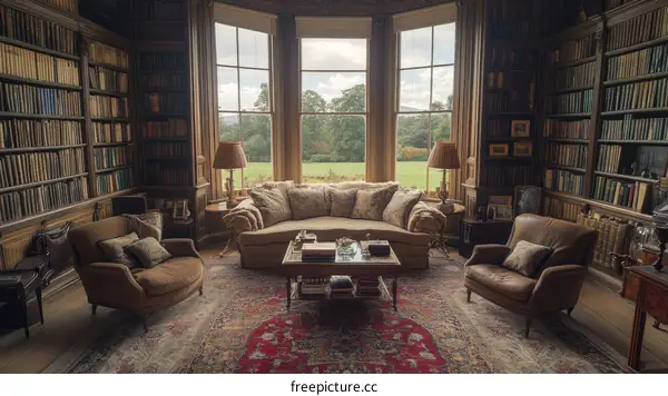Cozy Vintage Library Room with a View