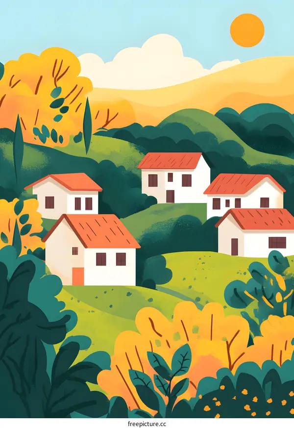 Illustrated Landscape with Houses and Rolling Hills