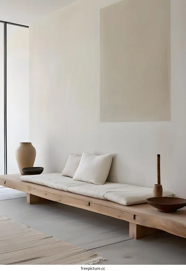 Minimalist Interior Design With Wooden Bench And White Walls
