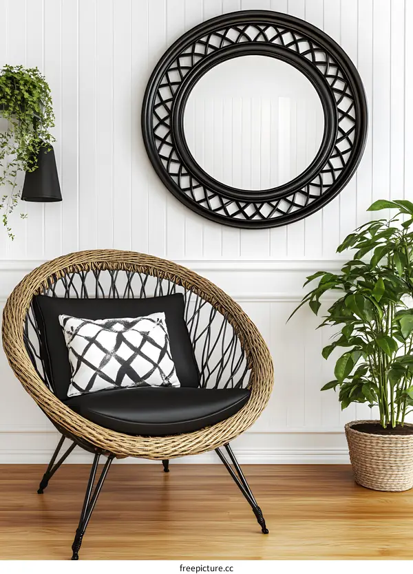 Modern Minimalist Interior Design with Wicker Chair and Round Mirror