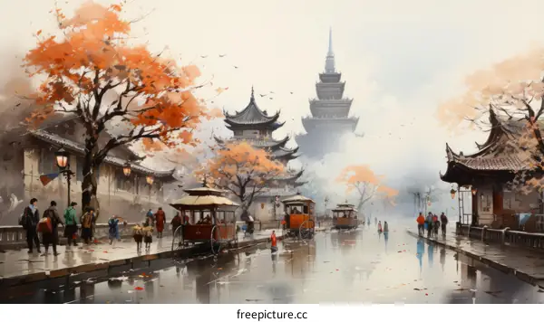 Chinese ancient street scene with people walking and pulling carts under the rain