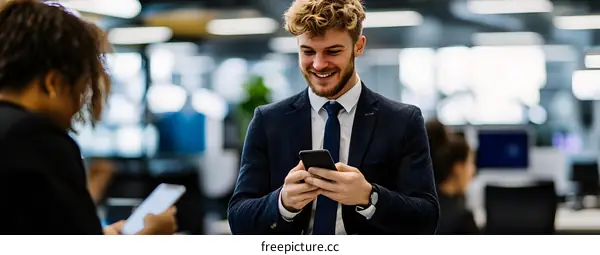 Smiling Businessman Looking At Phone In Office