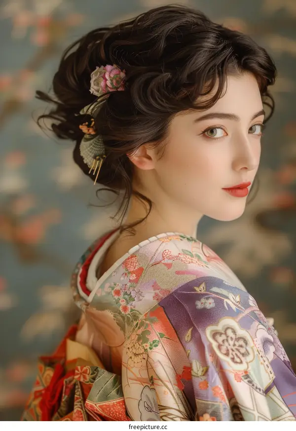 Portrait of a young woman in a kimono