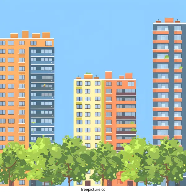 Cityscape with Three Buildings and Trees