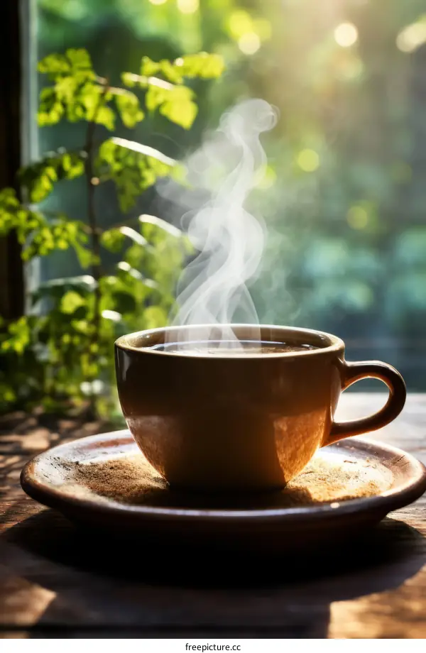 A cup of coffee on the table by the window