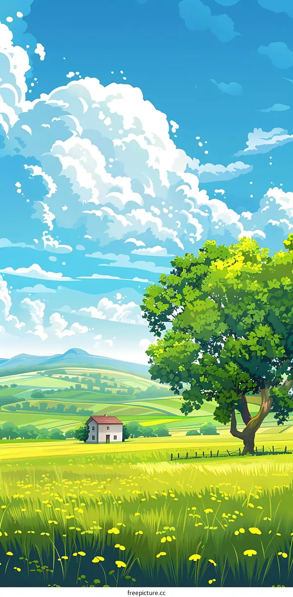 Summer Landscape With White Clouds and Green Grass