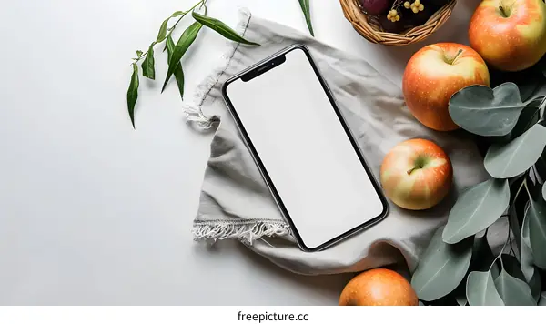 White Background With Phone Mockup And Apples