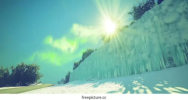 Winter Landscape with Icicles and Sun