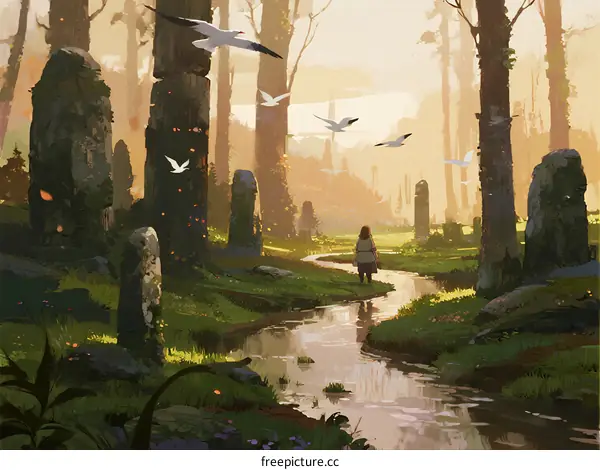 A Mysterious Forest Path with Standing Stones and Flying Birds