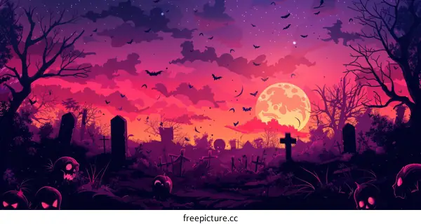 Graveyard at night with tombstones, bats and a large moon
