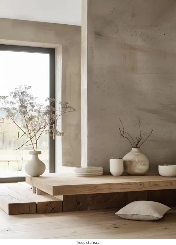 A minimalist living room with a large window, a wooden bench, and a few pieces of pottery.