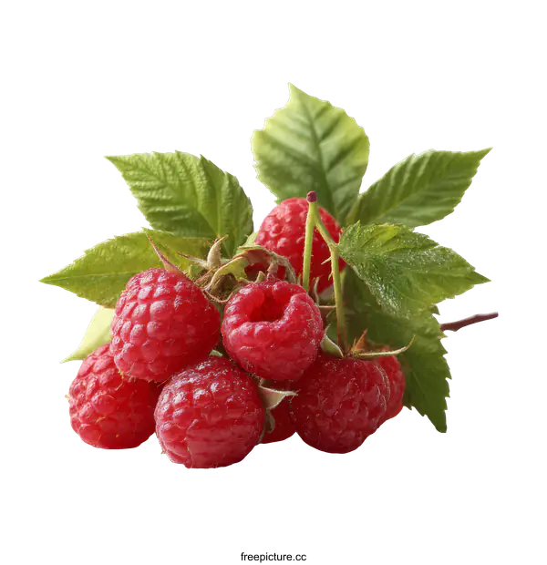 [Transparent Background PNG]Fresh Raspberries with Leaves Close-up