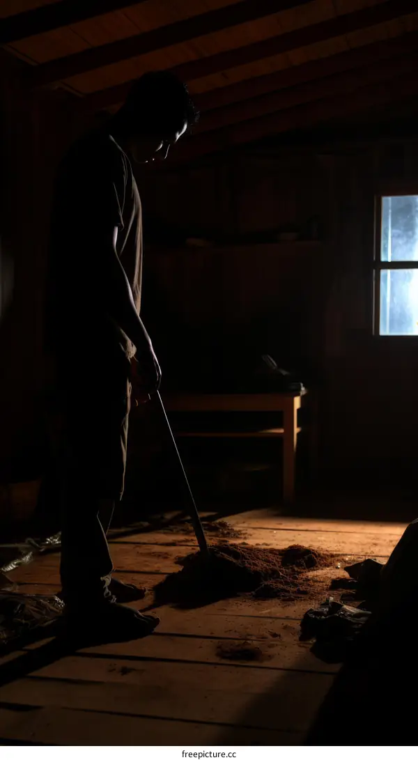 A farmer shovels sawdust in a barn.