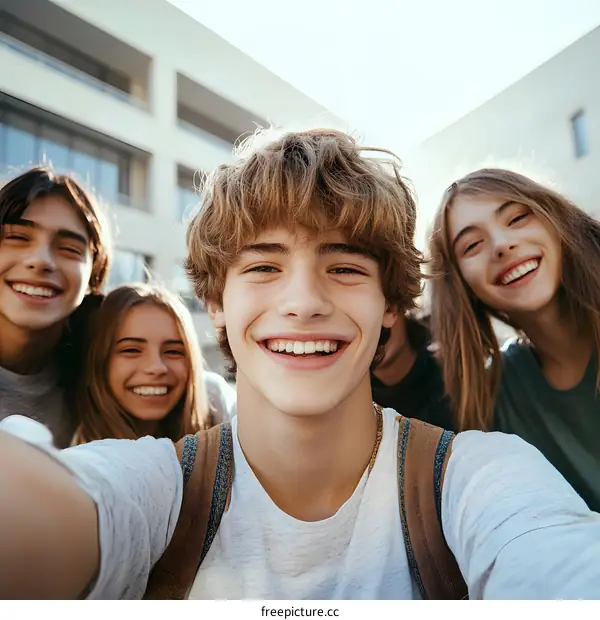 Group of Happy Teenagers Taking Selfie Outdoors