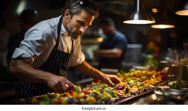 Chef carefully preparing a delicious salad in a commercial kitchen