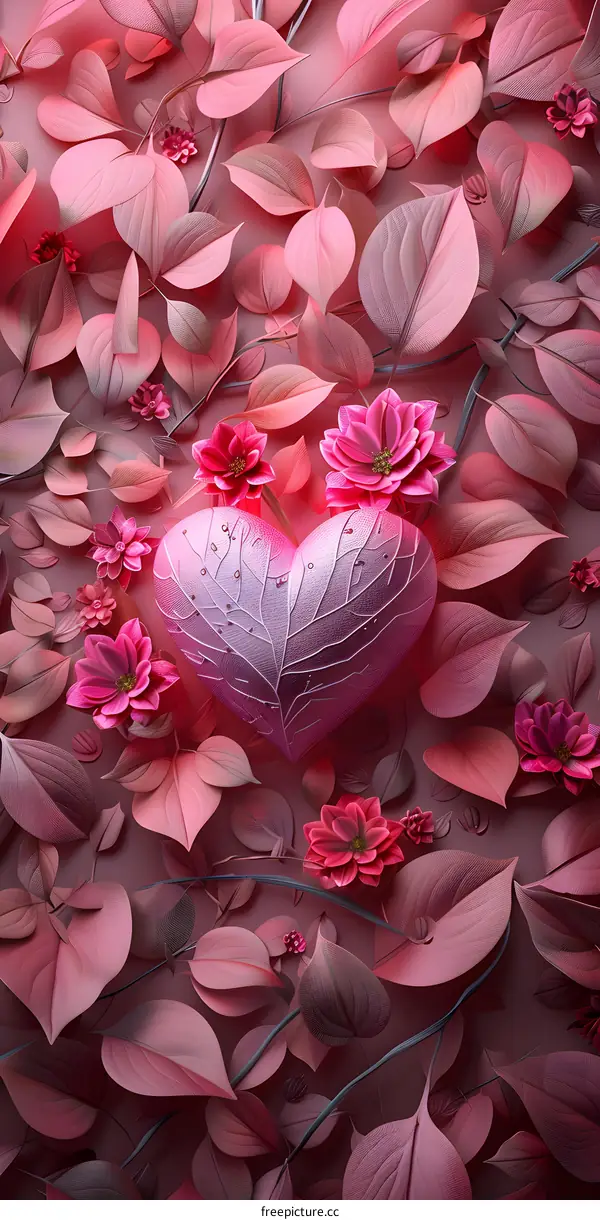 Pink heart made of leaves and flowers