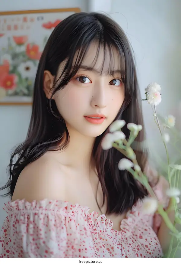 Close Up Portrait of a Young Woman with Flowers