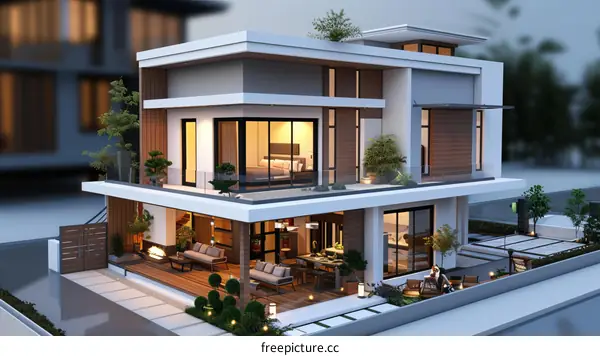 Modern Two-Story House Exterior Design Illustration