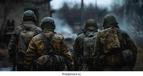 A group of soldiers walking through a war zone.