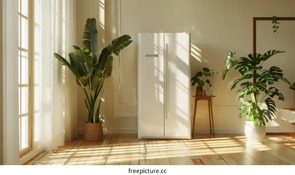 White Retro Refrigerator in a Tropical Room