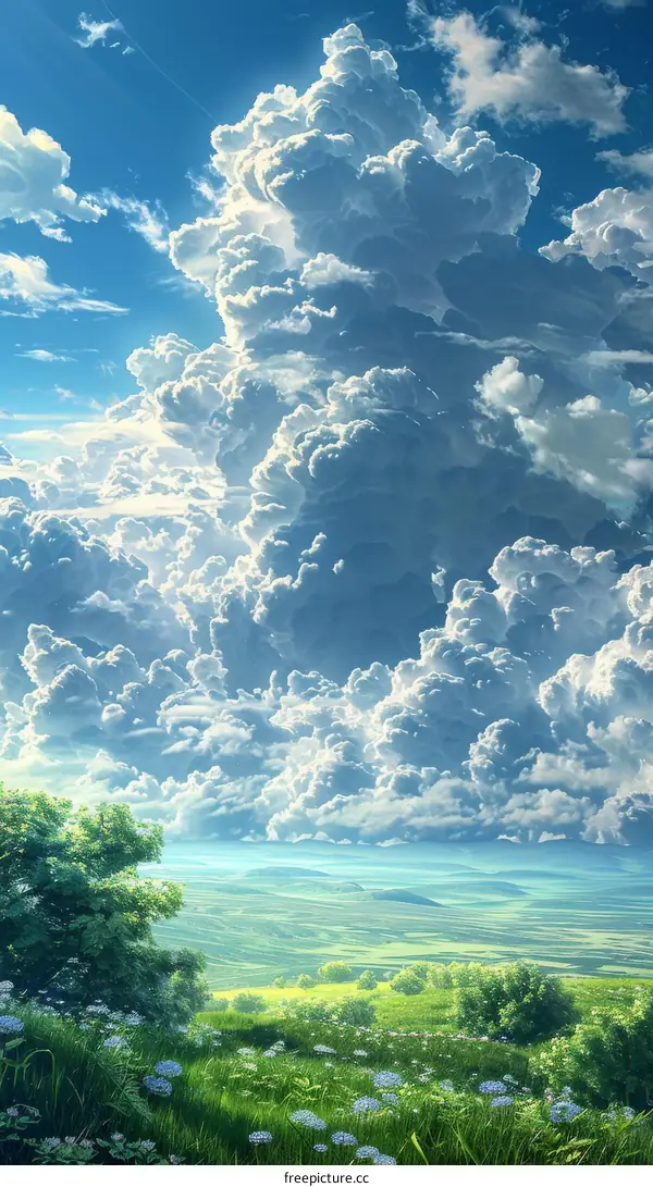 Green Field and Blue Sky with White Clouds