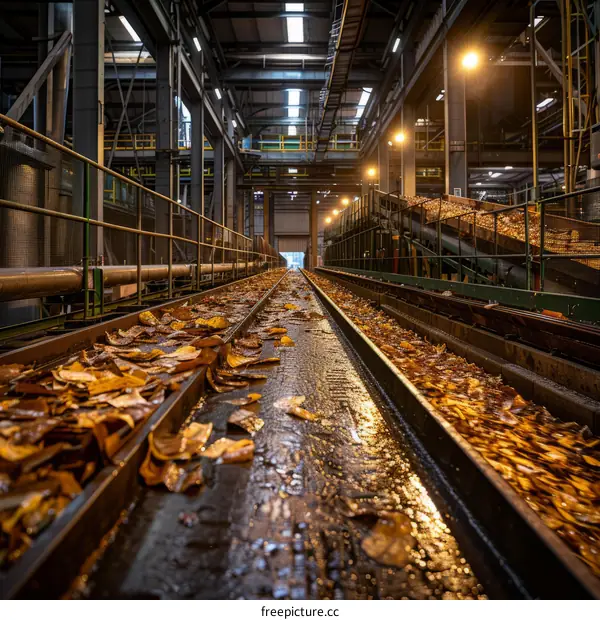 rusty conveyor belt covered in wet leaves in an industrial building