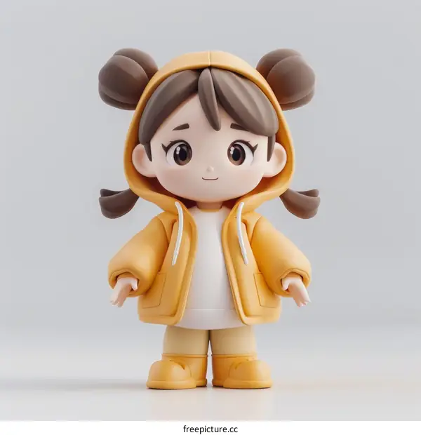 3D rendering of a cute chibi girl wearing a yellow raincoat
