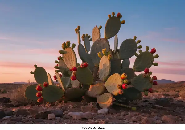 Beautiful Prickly Pear Cactus with Red Fruits in Desert