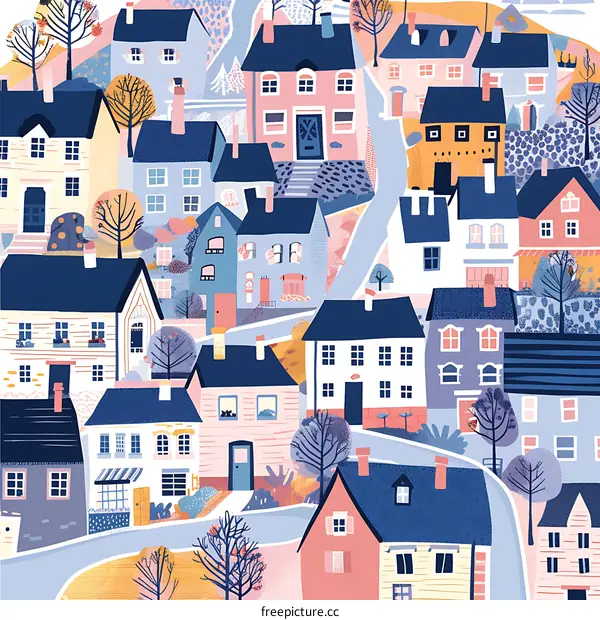 Colorful Illustration of a Quaint Town with Houses and Winding Road