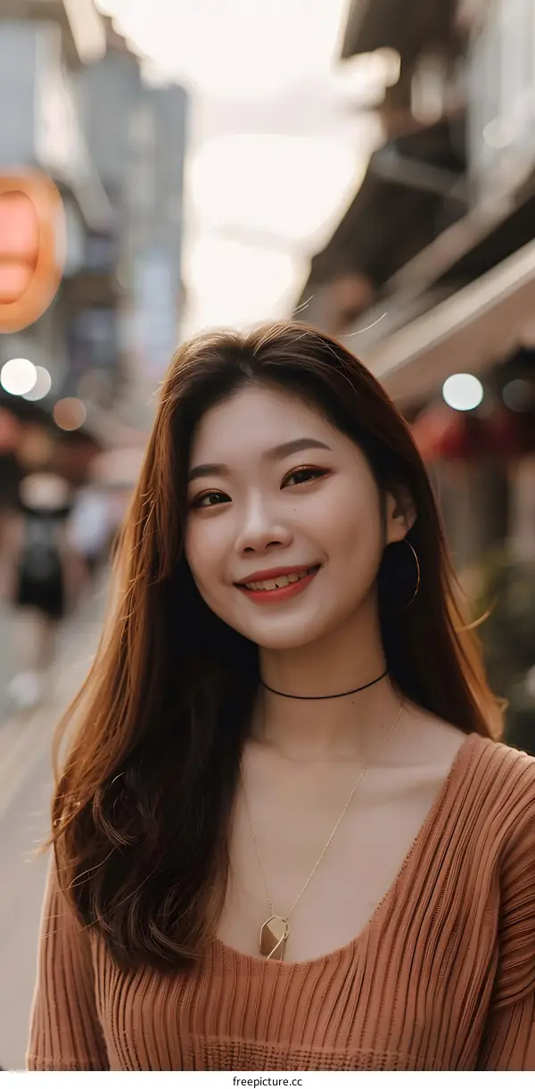 Smiling Asian Woman Wearing a Brown Sweater in the Street