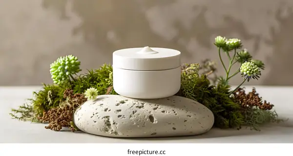White Cream Jar on Stone and Moss