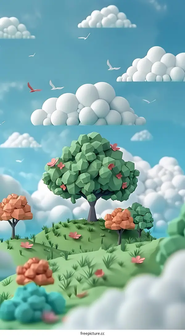 Low Poly Landscape with Colorful Trees and Clouds
