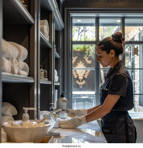 Housekeeper in uniform cleaning bathroom sink
