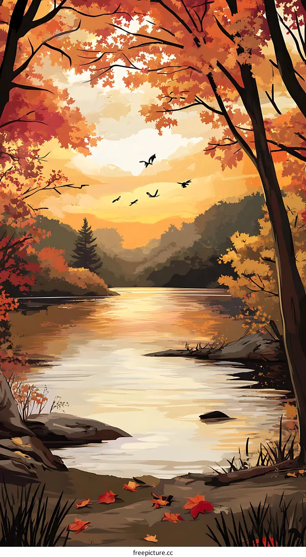 Autumn Landscape Painting with River and Trees